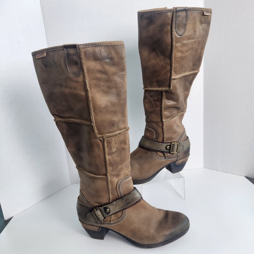 Pikolinos Womens Brown Leather Tall Boots Buckle Detail Block Heel Size 39